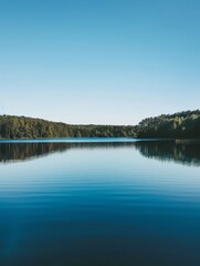 Obraz premium Photo of black lake calm water reflect clear sky, nature light, film camera style 