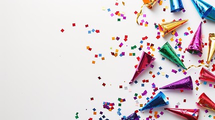 Obraz premium Festive Party Poppers on White Surface with Space for Custom New Year Greetings - High Angle View of Colorful Celebration Decorations