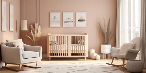 A nursery with a crib, rocking chair, and soft colors.