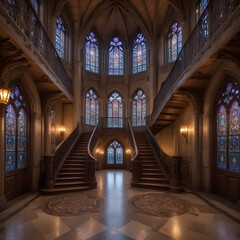 Fototapeta premium An enchanted castle interior with grand staircases and stained glass windows