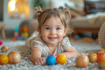 Obraz premium Playful Toddler in Beige Home Outfit with Toys in Living Room