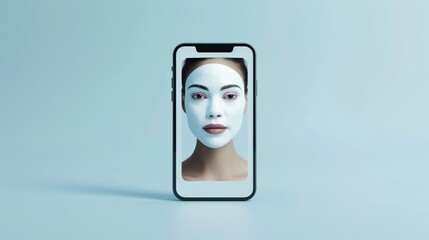 Modern smartphone displaying a beauty face mask on screen against a minimal light blue background, blending technology and skincare.