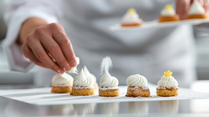 Pastry chef decorating mini desserts with precise detail on a white platter in a professional kitchen setting.