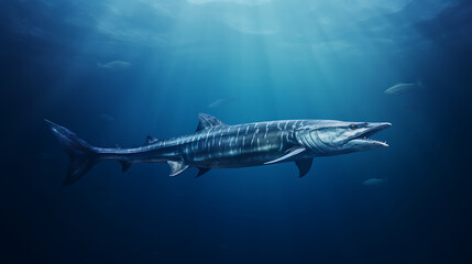 Fototapeta premium Prehistoric shark megalodon, giant extinct marine creature, swims underwater, 3D render