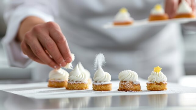 Pastry chef decorating mini desserts with precise detail on a white platter in a professional kitchen setting.