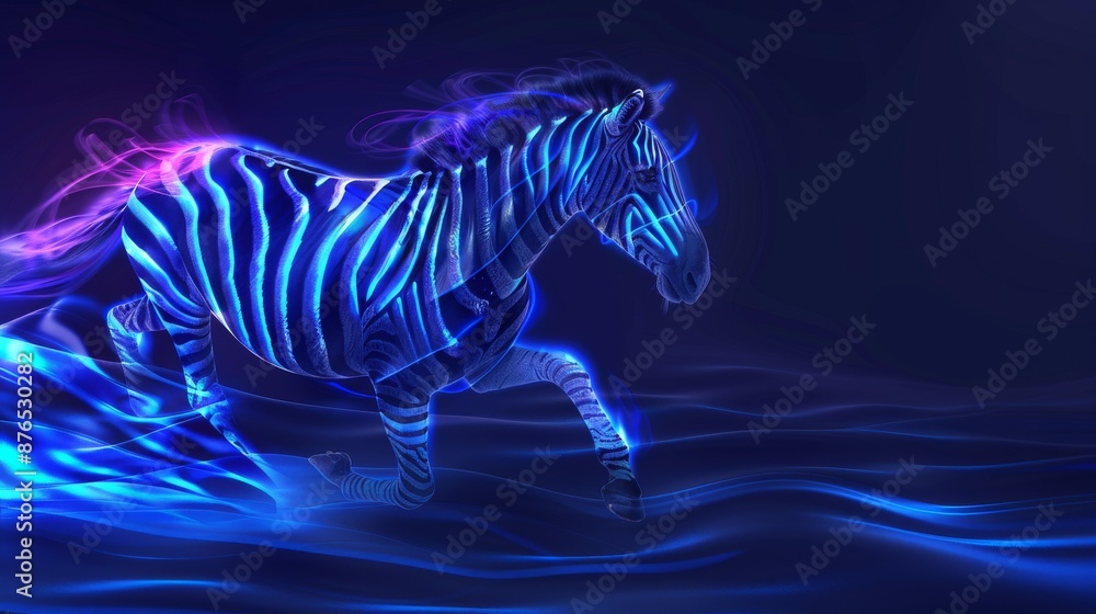 Wall mural against the backdrop of a dark, abstract space, a glowing zebra gallops.