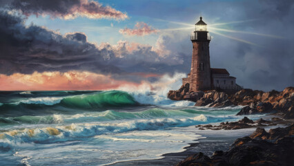 Fototapeta premium seascape painting featuring a rugged lighthouse standing tall against the crashing waves