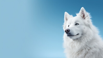 Fototapeta premium White dog with striking blue eyes, profile view against a light blue background. 