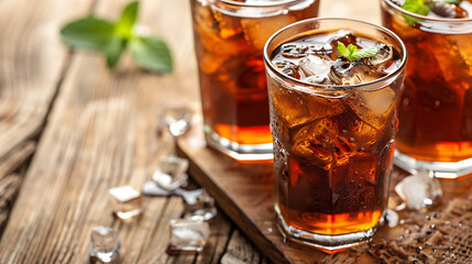 Three glasses of iced brown soda on a wooden surface.
