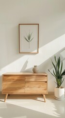 Scandinavian style interior with wooden sideboard, framed botanical print, and potted plant in sunlight-filled minimalist room.
