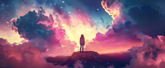 Obraz premium Standing on the edge of a cliff, a girl gazes out at a surreal landscape of pink clouds and a starry night sky.