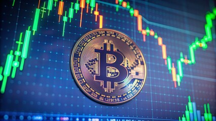 Bitcoin cryptocurrency coin, against the background of a fluctuating stock market chart
