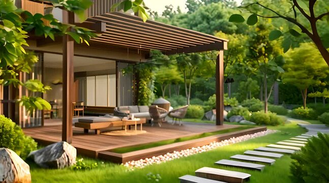 Back yard house exterior with spacious wooden deck with patio area and attached pergola. Northwest, USA