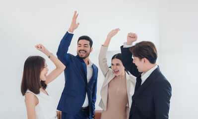 Business team people woman and man asian group standing hand up look successful cooperate to plan...