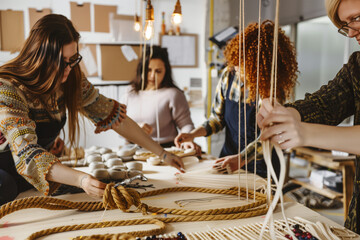 Group of People in a Macrame Workshop Working on Projects