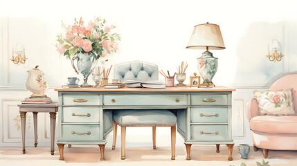 A shabby chic home office desk and chair with a pink floral bouquet, books, and a lamp.