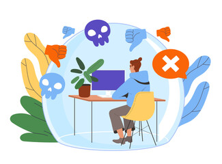 Man protected from bullying. Young guy sits at computer and reads negative comments. Cyberbullying and insults on internet. Bad review. Flat vector illustration isolated on white background