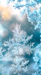Close-up of Frosty Snowflakes, Winter Wonderland Background, Concept of Seasonal Weather, Holiday Season, Cool Climate. Abstract winter background. Copy space. Vertical
