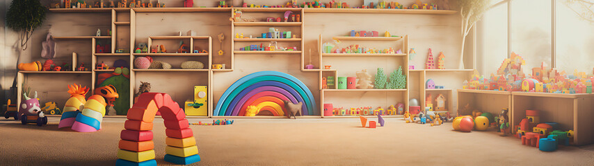 Bright and cheerful image of a playroom full of colorful toys, with a rainbow, and a large window letting in lots of natural light.