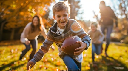 Caucasian family enjoying football game in backyard. Concept of family activity, outdoor sports, leisure time