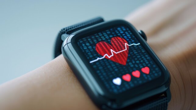 Smartwatch displaying a red heart symbol and heart rate on wrist, signifying health monitoring and fitness tracking.
