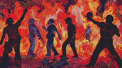 Protesters in the streets in a vibrant red and orange background in a pop art style, conveying a sense of urgency and the need for change.