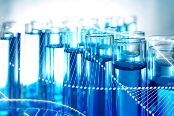 Illustrations of DNA and test tubes with samples, double exposure