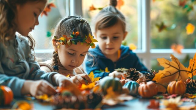 Two girls crafting autumn decorations at a table surrounded by leaves and pumpkins. Concept of children's creative activities, seasonal crafts, fall decorations