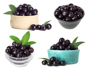 Set of acai berries in bowls isolated on white