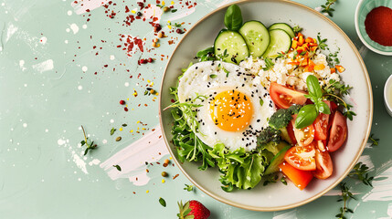 healthy breakfast, organic ingredients lots of fruit, vegetables and protein. balanced morning meal