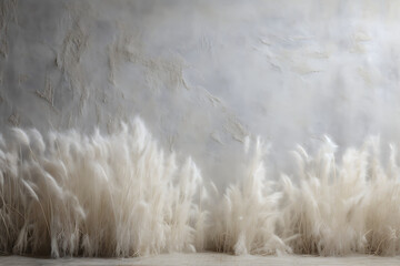 Light and fluffy white pampas grass against a textured concrete wall for a soft and natural background