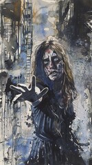 Watercolor illustration of a young woman in a zombie costume, with grotesque makeup and tattered clothing. Concept of Halloween, horror theme, spooky character, festive art. Vertical