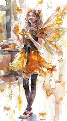Fototapeta premium Watercolor artwork of a female fairy with an autumn theme holding a drink. Concept of magical creatures, seasonal artwork, fantasy illustration, Halloween celebration. Vertical