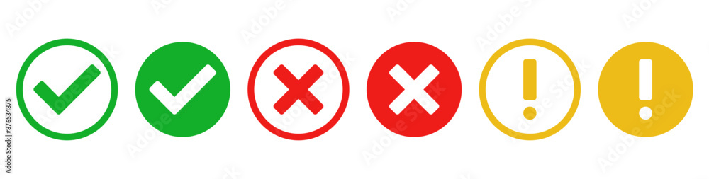 Aufkleber check mark icon button set. check box icon with right and wrong buttons and yes or no checkmark icons in green tick box and red cross. exclamation mark information icon	
