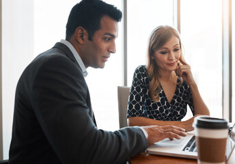 Lawyer, teamwork and meeting with laptop in office for legal case brainstorming and client defence...