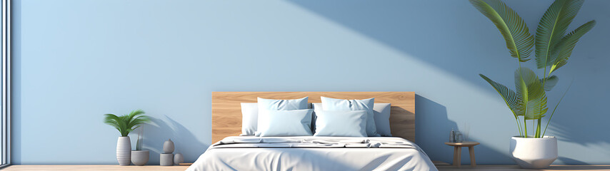 Blue minimalist bedroom interior with large windows and plants