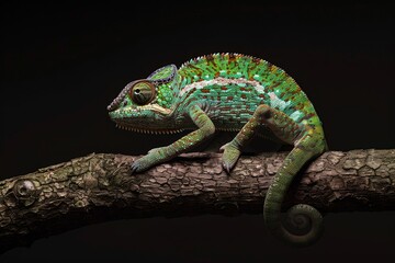Fototapeta premium Full body view of Chameleon, in natural habitat, full body shot, full body View, isolated on black background
