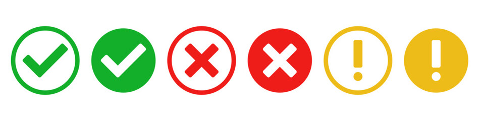 check mark icon button set. check box icon with right and wrong buttons and yes or no checkmark icons in green tick box and red cross. exclamation mark information icon	
