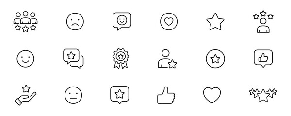 Feedback, Rating, Review icons set. Customer review and feedback emoticons emojis , thumbs up like icon . heart love icon button. editable stroke