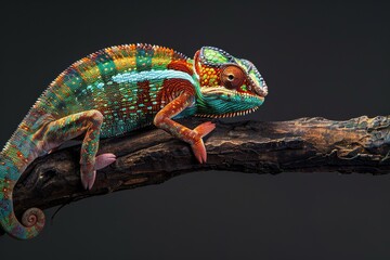 Fototapeta premium Full body view of Chameleon on an old wooden branch, isolated on black background