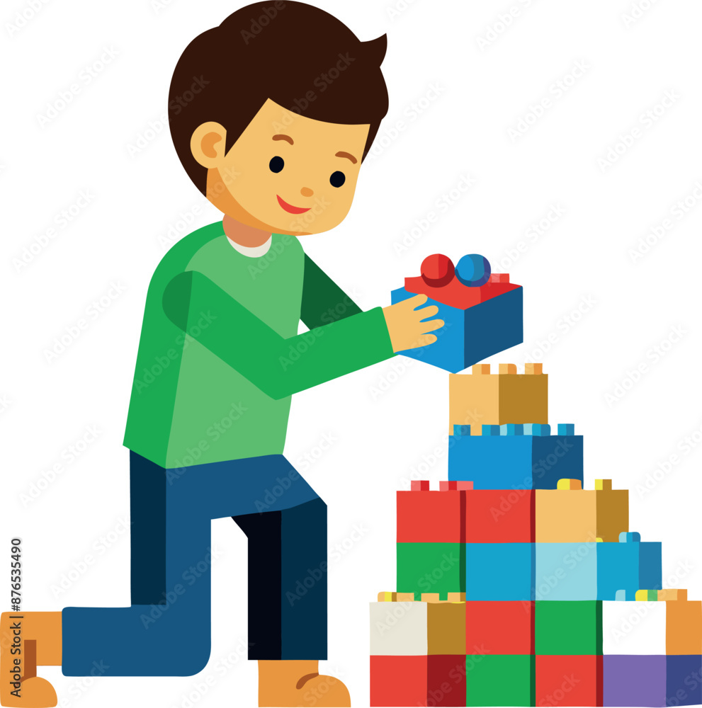 Poster child building with colorful toy blocks in playful setting