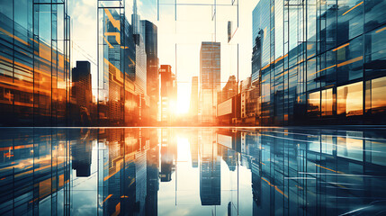 Fototapeta premium Impressive futuristic cityscape in warm colors with skyscrapers reflecting in the water below in cool colors conveying a sense of awe and wonder at the beauty of the modern city.