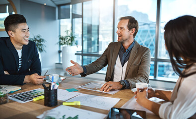 Business people, paperwork or manager speaking of graphs for results, teamwork or charts for revenue growth. Happy, feedback or financial analyst talking for planning strategy, meeting or sales data