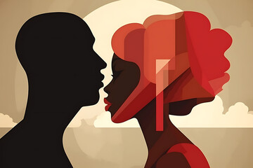 Couple's silhouettes, close, sharing a tender moment.
