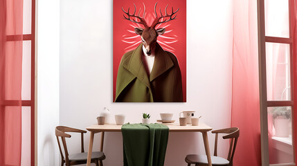 Deer head with antlers in suit with red background, conveys seriousness, authority, power, and elegance.