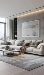 Bright airy living room with white sofa, gray rug, plants, and stylish gray wall art