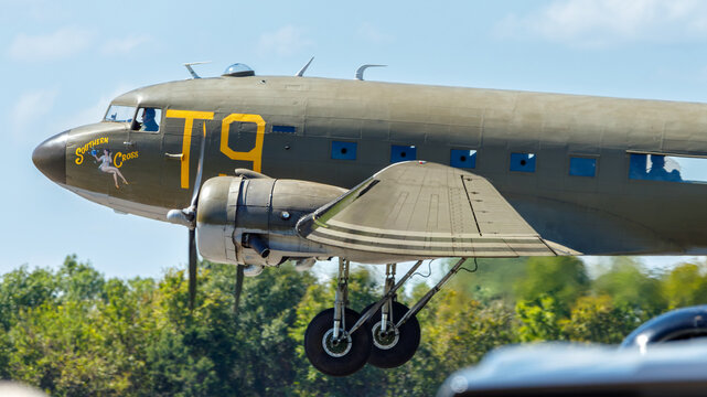close up of C-47 shortly after takeoff