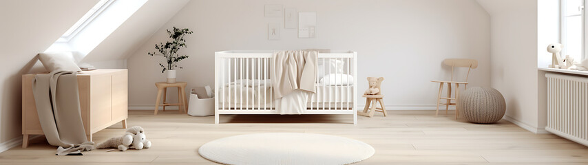 Bright and airy attic nursery with a modern crib, soft neutral colors and a large round rug.