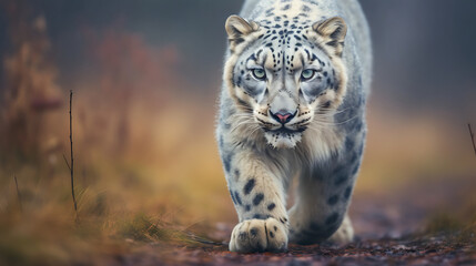Fototapeta premium A snow leopard with piercing blue eyes walks through a field of tall grass, its soft fur blending in with the snow-covered landscape.