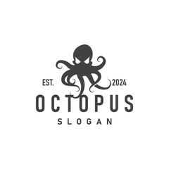 Octopus Logo, Old Retro Vintage Design Ocean Animal Vector Tentacle Illustration Template